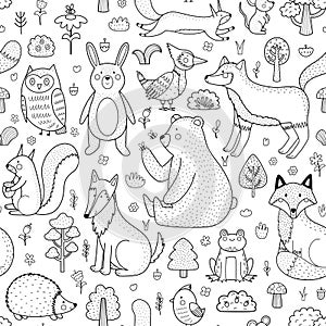 Cute forest animals black and white seamless pattern. Woodland characters outline background