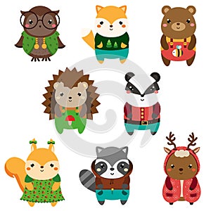 Cute forest animals. Cartoon kawaii wildlife animals set