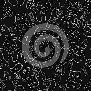 Cute forest animals for children room and toys, contour, vector seamless pattern on black chalk background