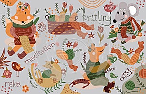 Cute forest animals in scarf and knitted sweaters are knitting and drinking tea, basket with threads. Cute mouse, fox