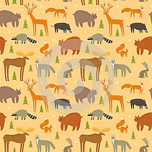 Cute forest animals seamless pattern.