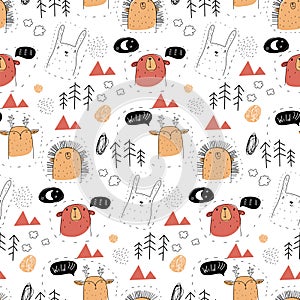 Cute Forest animals seamless pattern. Bear, deer, hedgehog, hare. Scandinavian cartoon baby background