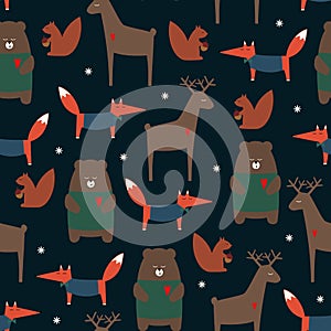 Cute forest animals seamless pattern on dark background.