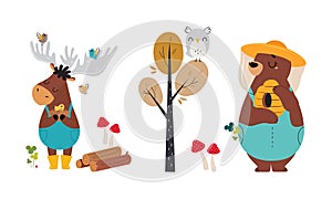 Cute forest animals set. Cute elk walking in forest, bear holding honeycomb cartoon vector illustration