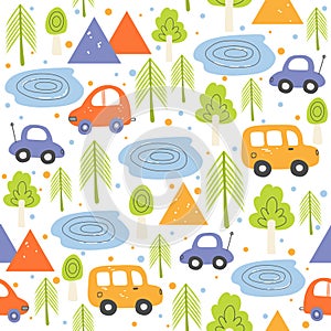 Cute forest capming seamless vector pattern with cars for kids textile photo