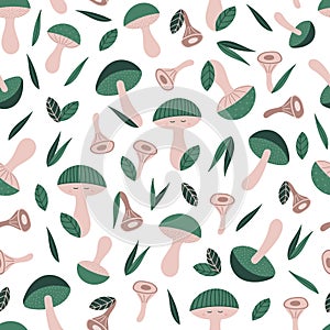 Cute forest cartoon mashrums and leaves. Vector seamless pattern. Doodle autumn forest elements on white background.