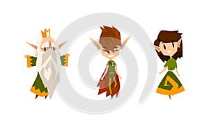 Cute Forest Elves Set, Fairytale Magic Characters in Green Clothes Cartoon Vector Illustration
