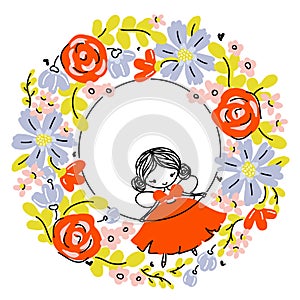 Cute forest fairy flying in pretty dress surrounded by flowers and leaves. Hand drawn cartoon of floral wreath and little girl