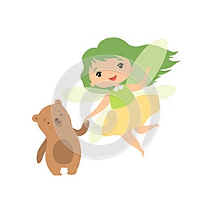Cute Forest Fairy with Little Bear, Lovely Fairy Girl Cartoon Character with Green Hair and Wings Vector Illustration