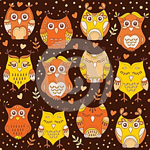 Cute forest owls vector seamless pattern. Hand drawn lovely birds background in colors of brown, orange and yellow