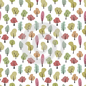 Cute forest seamless pattern with colorful autumn trees