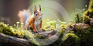 Cute forest squirrel on a tree eating nuts, blurred greenery on the background, wild animal in natural environment