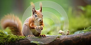 Cute forest squirrel on a tree eating nuts, blurred greenery on the background, wild animal in natural environment