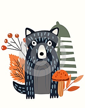 Cute forest wolf with Christmas tree behind, wild berries and leaves. Woodland animals. Perfect for web, banner, card