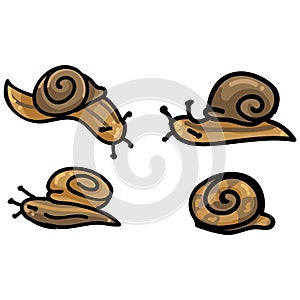 Cute four snail cartoon vector illustration motif set. Hand drawn isolated garden creepy crawlie elements clipart for brown helix