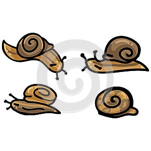 Cute four snail cartoon vector illustration motif set. Hand drawn isolated garden creepy crawlie elements clipart for