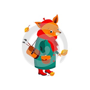 Cute Fox Artist in Autumn. Vector Illustration