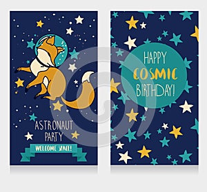 Cute fox-astronaut on starry background, funny invitation cards for cosmic birthday party
