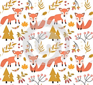 Cute fox in the autumn forest seamless pattern. little fox, autumn plants, flowers repeating texture. Kids baby funny