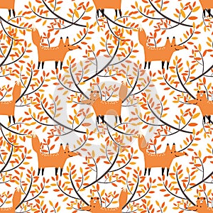 Cute fox on autumn leaves seamless pattern