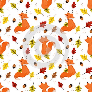 Cute fox in autumn leaves seamless pattern