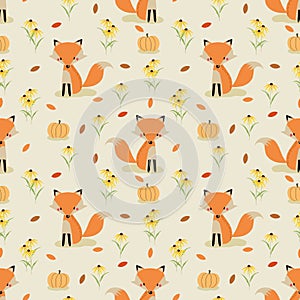 Cute fox in autumn seamless pattern vector