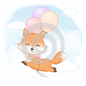 Cute fox and balloons hand drawn cartoon illustration
