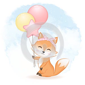 Cute fox and balloons hand drawn cartoon watercolor background