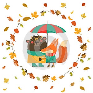 Cute fox and bear hugging under umbrella in wreath