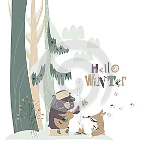 Cute fox with bear sitting by bonfire in winter forest