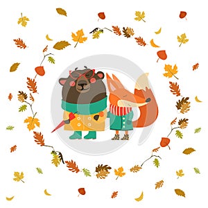 Cute fox and bear walking in wreath of autumn