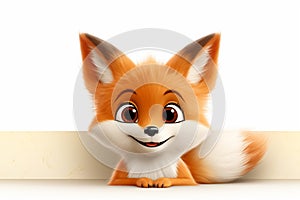 Cute fox with blank banner, isolated on white. 3D illustration