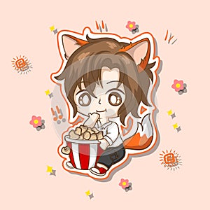 cute fox boy eating pop corn character