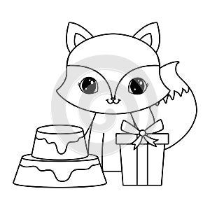 cute fox with cake of birthday and gift box