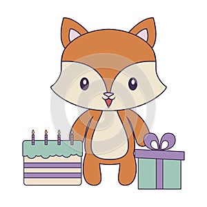 cute fox with cake of birthday and gift box