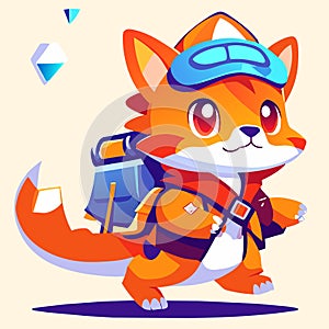 Cute fox in a cap with a backpack and a gift in his hands. Vector illustration AI Generated