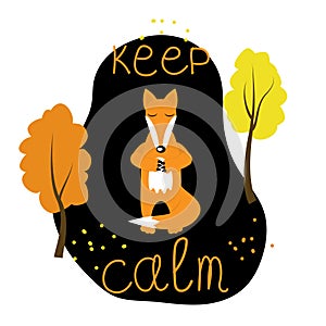 A cute fox character meditating vector placard