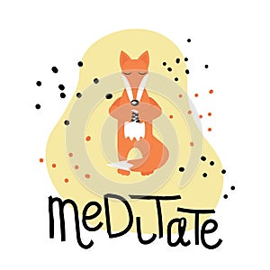 A cute fox character meditating vector placard