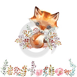 Cute fox character surrounded by forest herbs, leaves and wild berries. Border of autumn leaves and berries.