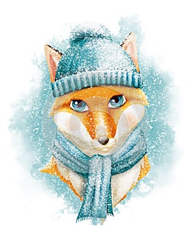 Cute fox character with winter hat and scarf