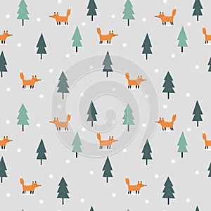 Cute fox in Christmas winter seamless pattern