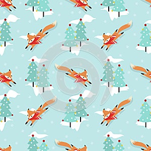 Cute fox in Christmas winter seamless pattern