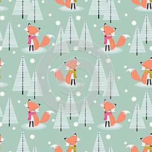 Cute fox in Christmas winter seamless pattern