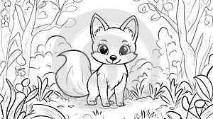 Cute Cartoon Fox Standing in Forest, Outline Drawing, Coloring Page for Kids