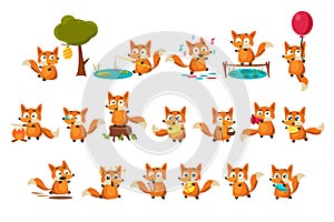 Cute fox cub character doing different activities set, funny forest animal in different situations vector Illustrations