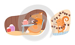 Cute Fox Drinking Tea in Its Cosy Burrow or House and Squirrel Hanging Acorn Vector Set