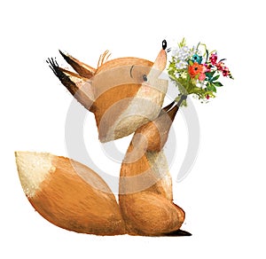 Cute fox with floral bouqet