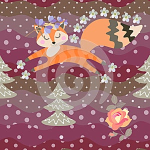 Cute fox in floral wreath runs through forest with pines and flowers. Vector seamless pattern