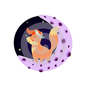 Cute fox in flower wreath ginger forelock on moon