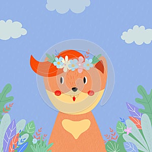 Cute fox in flower wreath among plants and leaves